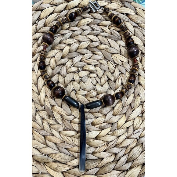 Elite Noble Shungite 4in Pendant & Wood Necklace Chakra Brutalist Tribal Boho - Picture 1 of 10
